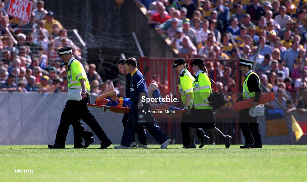 3 June 2001; John Leahy of Tipperary is stretchered off with a knee injury during the Guinness Munster Senior Hurling Championship Semi-Final match between Tipperary and Clare at Páirc Uí Chaoimh in Cork. Photo by Brendan Moran/Sportsfile