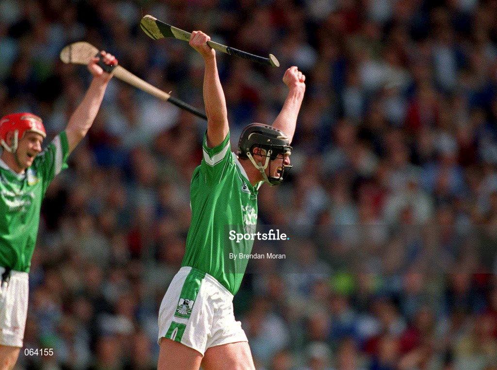 10 June 2001; Brian Begley of Limerick celebrates after scoring his side's third goal during the Guinness Munster Senior Hurling Championship Semi-Final match between Limerick and Waterford at Páirc Uí Chaoimh in Cork. Photo by Brendan Moran/Sportsfile