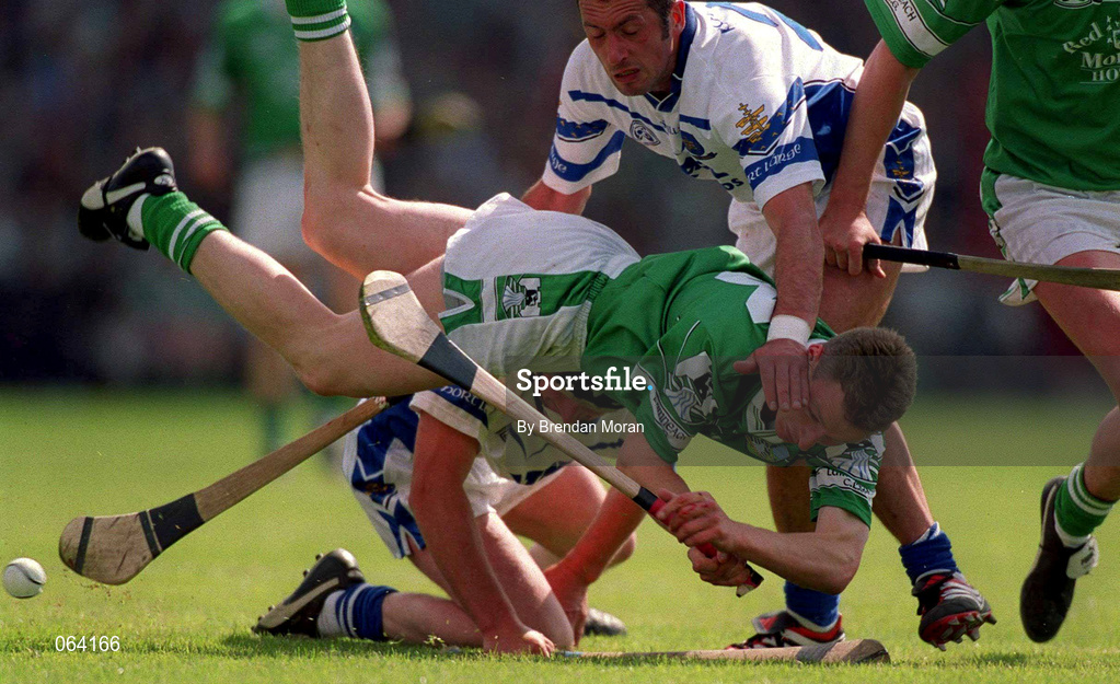10 June 2001; Eoin O'Neill of Limerick in action against Sean Cullinane of Waterford during the Guinness Munster Senior Hurling Championship Semi-Final match between Limerick and Waterford at Páirc Uí Chaoimh in Cork. Photo by Brendan Moran/Sportsfile