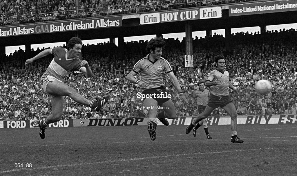27 July 1980; Matt Connor of Offaly shoots goalwards despite the efforts of Bernard Brogan of Dublin during the Leinster Senior Football Championship Final match between Dublin and Offaly at Croke Park in Dublin. Photo by Ray McManus/Sportsfile