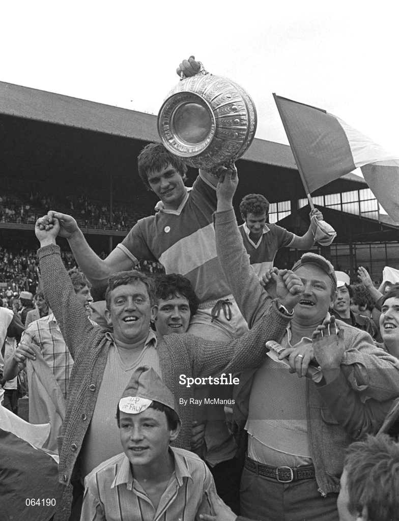 27 July 1980; Offaly captain Richie Connor lifts the cup following the Leinster Senior Football Championship Final match between Dublin and Offaly at Croke Park in Dublin. Photo by Ray McManus/Sportsfile