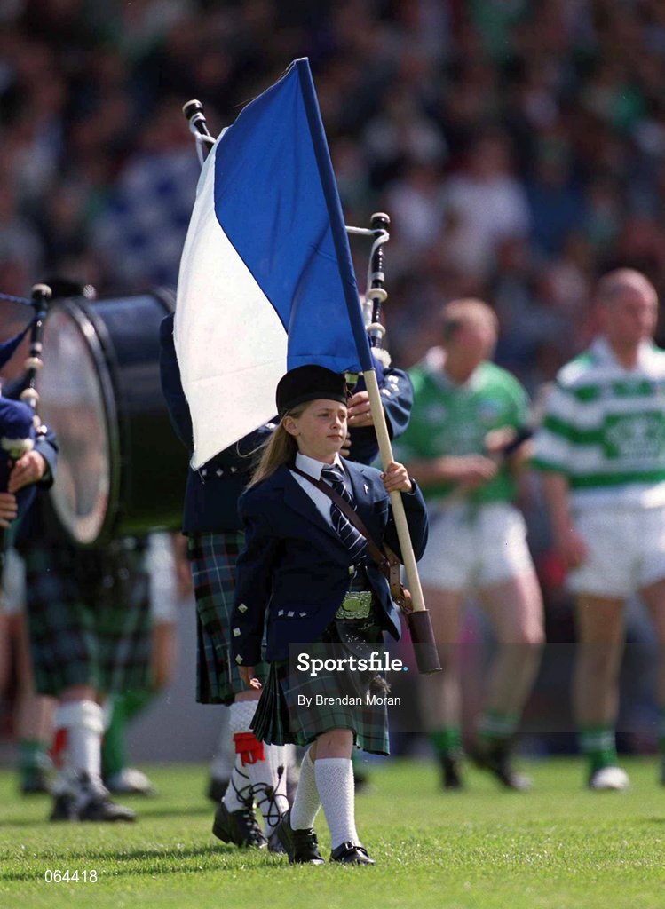 10 June 2001; A Flag Bearer, holding the colours of Waterford, is seen during the pre-match parade ahead of the Guinness Munster Senior Hurling Championship Semi-Final match between Limerick and Waterford at Páirc Uí Chaoimh in Cork. Photo by Brendan Moran/Sportsfile