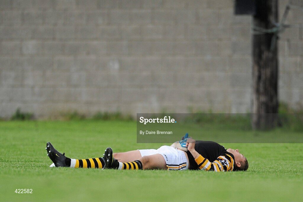 4 May 2010; A dejected Colaiste Eoin goalkeeper Daniel Ó Caoimh lies on the ground after the match. Dublin School Senior Football A Final, St Benildus College v Colaiste Eoin, O'Toole Park, Crumlin, Dublin. Picture credit: Dàire Brennan / SPORTSFILE