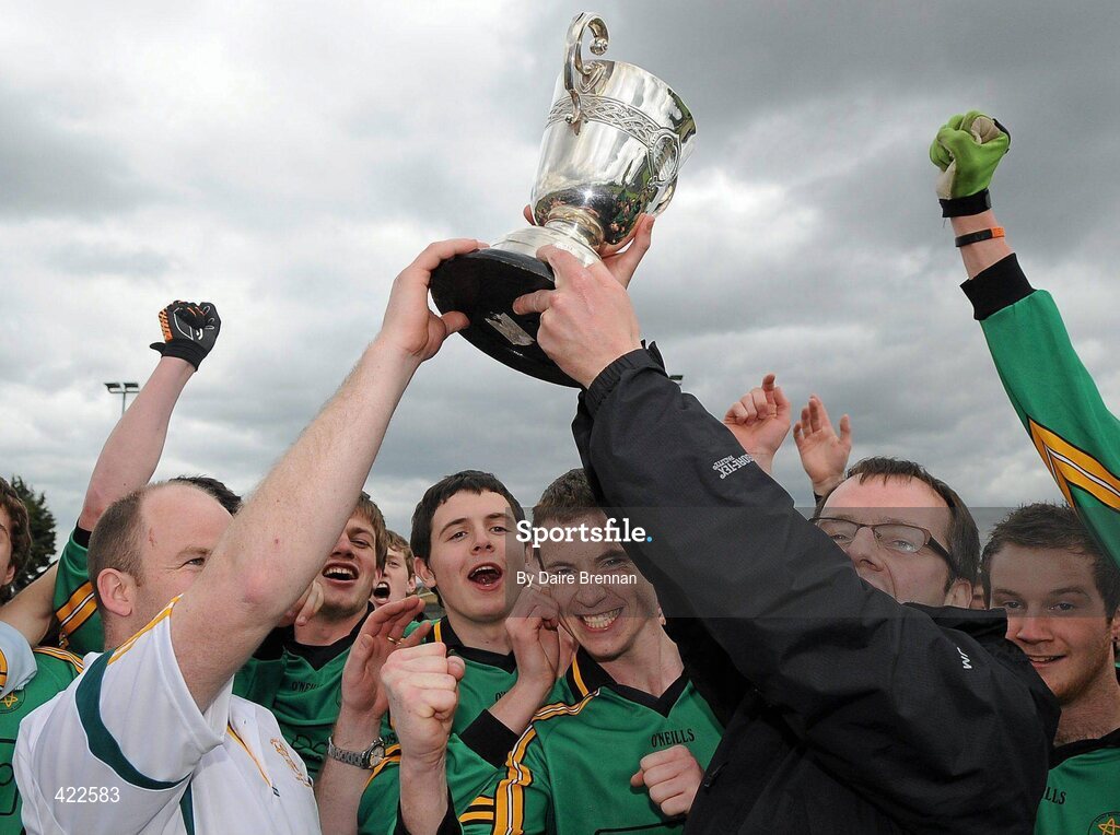 4 May 2010; St Benildus College joint-managers Alan Costello, left, and Eamonn Cosgrove, lift the cup. Dublin School Senior Football A Final, St Benildus College v Colaiste Eoin, O'Toole Park, Crumlin, Dublin. Picture credit: Dàire Brennan / SPORTSFILE