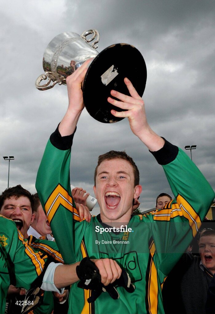 4 May 2010; St Benildus College captain Peter O'Curry lifts the cup. Dublin School Senior Football A Final, St Benildus College v Colaiste Eoin, O'Toole Park, Crumlin, Dublin. Picture credit: Daire Brennan / SPORTSFILE