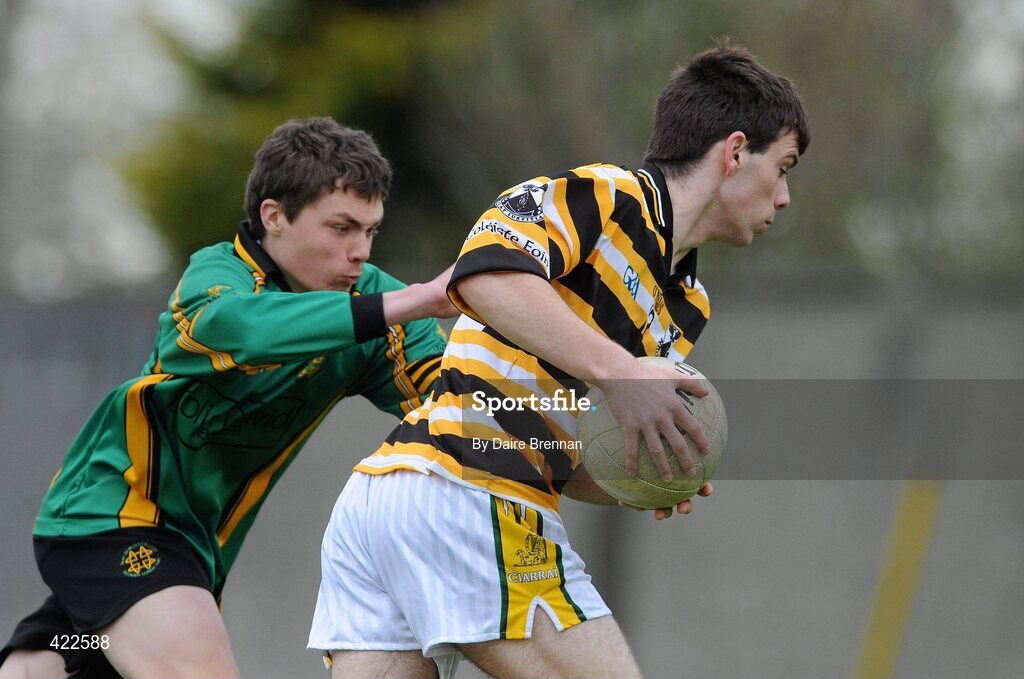 4 May 2010; Colm Mac Gearailt, Colaiste Eoin, in action against Karl McGrath, St Benildus College. Dublin School Senior Football A Final, St Benildus College v Colaiste Eoin, O'Toole Park, Crumlin, Dublin. Picture credit: Dáire Brennan / SPORTSFILE