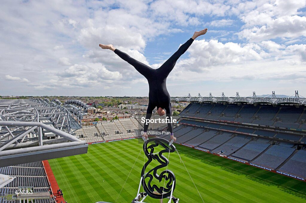 13 May 2010; 3, doing things you never thought possible. -  World-famous balancing artist performs an impossible feat of daring on the roof of Croke Park for 3. 3, Ireland’s largest high speed network, has brought world-famous balancing artist, Eskil Ronningsbakken, to Ireland for the first time today to celebrate its new brand campaign. A breathtaking feat of skill, featuring Eskil precariously perched on top of the iconic Croke Park Stadium, highlights the new brand campaign and its key message ‘Do things you never thought possible with 3’. To coincide with today’s performance, Croke Park has announced that it will soon be possible for members of the public to ‘do things they never thought possible’ by scaling the stadium to take a walking tour of the roof, providing spectacular views across the city. To mark the launch, 3 is giving 33 lucky people the chance to ‘do something they never thought possible’, by being among the first to follow in the stunt-man’s footsteps. To be in with a chance to win tickets to the Croke Park Roof Top tour when it opens later this year, simply log on to www.three.ie, for details of how to enter. Croke Park, Dublin. Picture credit: William Pran / SPORTSFILE