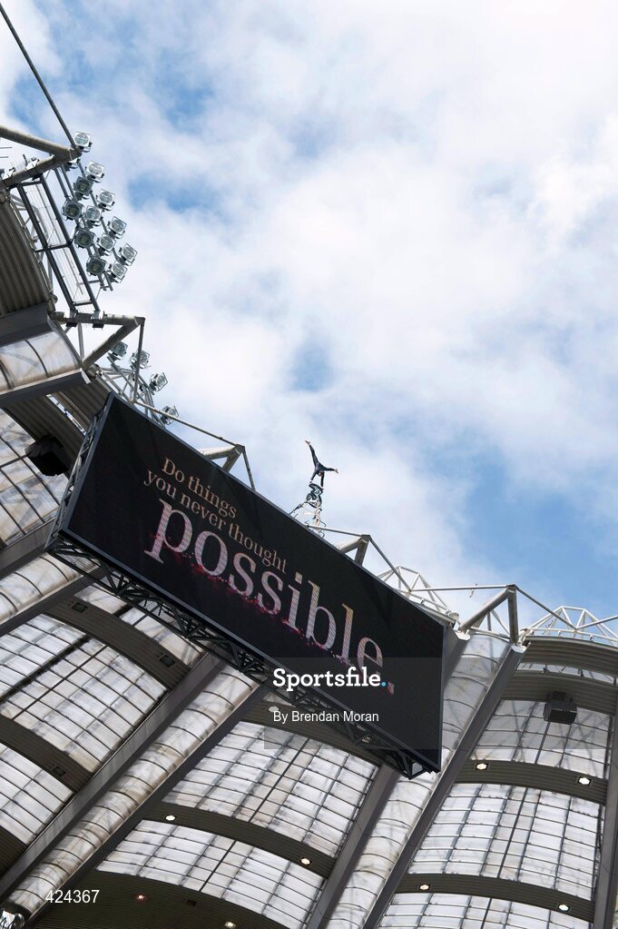 13 May 2010; 3, doing things you never thought possible.  - World-famous balancing artist performs an impossible feat of daring on the roof of Croke Park for 3. 3, Ireland’s largest high speed network, has brought world-famous balancing artist, Eskil Ronningsbakken, to Ireland for the first time today to celebrate its new brand campaign. A breathtaking feat of skill, featuring Eskil precariously perched on top of the iconic Croke Park Stadium, highlights the new brand campaign and its key message ‘Do things you never thought possible with 3’. To coincide with today’s performance, Croke Park has announced that it will soon be possible for members of the public to ‘do things they never thought possible’ by scaling the stadium to take a walking tour of the roof, providing spectacular views across the city. To mark the launch, 3 is giving 33 lucky people the chance to ‘do something they never thought possible’, by being among the first to follow in the stunt-man’s footsteps. To be in with a chance to win tickets to the Croke Park Roof Top tour when it opens later this year, simply log on to www.three.ie, for details of how to enter. Croke Park, Dublin. Picture credit: Brendan Moran / SPORTSFILE