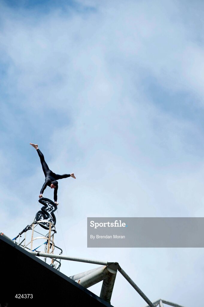13 May 2010; 3, doing things you never thought possible. - World-famous balancing artist performs an impossible feat of daring on the roof of Croke Park for 3. 3, Ireland’s largest high speed network, has brought world-famous balancing artist, Eskil Ronningsbakken, to Ireland for the first time today to celebrate its new brand campaign. A breathtaking feat of skill, featuring Eskil precariously perched on top of the iconic Croke Park Stadium, highlights the new brand campaign and its key message ‘Do things you never thought possible with 3’. To coincide with today’s performance, Croke Park has announced that it will soon be possible for members of the public to ‘do things they never thought possible’ by scaling the stadium to take a walking tour of the roof, providing spectacular views across the city. To mark the launch, 3 is giving 33 lucky people the chance to ‘do something they never thought possible’, by being among the first to follow in the stunt-man’s footsteps. To be in with a chance to win tickets to the Croke Park Roof Top tour when it opens later this year, simply log on to www.three.ie, for details of how to enter. Croke Park, Dublin. Picture credit: Brendan Moran / SPORTSFILE
