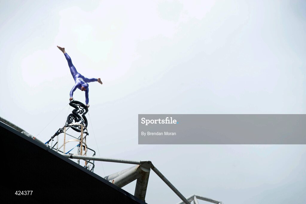 13 May 2010; 3, doing things you never thought possible.  - World-famous balancing artist performs an impossible feat of daring on the roof of Croke Park for 3. 3, Ireland’s largest high speed network, has brought world-famous balancing artist, Eskil Ronningsbakken, to Ireland for the first time today to celebrate its new brand campaign. A breathtaking feat of skill, featuring Eskil precariously perched on top of the iconic Croke Park Stadium, highlights the new brand campaign and its key message ‘Do things you never thought possible with 3’. To coincide with today’s performance, Croke Park has announced that it will soon be possible for members of the public to ‘do things they never thought possible’ by scaling the stadium to take a walking tour of the roof, providing spectacular views across the city. To mark the launch, 3 is giving 33 lucky people the chance to ‘do something they never thought possible’, by being among the first to follow in the stunt-man’s footsteps. To be in with a chance to win tickets to the Croke Park Roof Top tour when it opens later this year, simply log on to www.three.ie, for details of how to enter. Croke Park, Dublin. Picture credit: Brendan Moran / SPORTSFILE