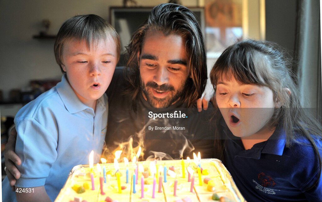 9 July 2008; Celebrating the 30th anniversary of Special Olympics Ireland with actor Colin Farrell are Special Olympics athletes Josh Hennessy, left, age 10, from the Coombe, Dublin and Katie McHugh, age 8, from Inchicore, Dublin. The organization, which provides the sports training and competition programme for people with an intellectual disability, was established on this week in 1978. Picture credit: Brendan Moran/ SPORTSFILE