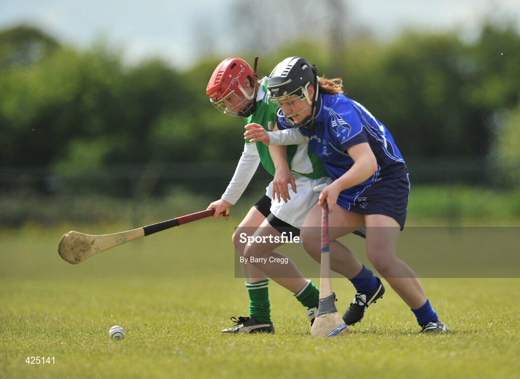 16 May 2010; Marie Walsh, Munster, in action against Jacqui Frisby, Leinster. 2010 Gael Linn Senior Inter-Provincial Championship Camogie Final, Munster v Leinster, Trim GAA Club, Trim, Co. Meath. Picture credit: Barry Cregg / SPORTSFILE