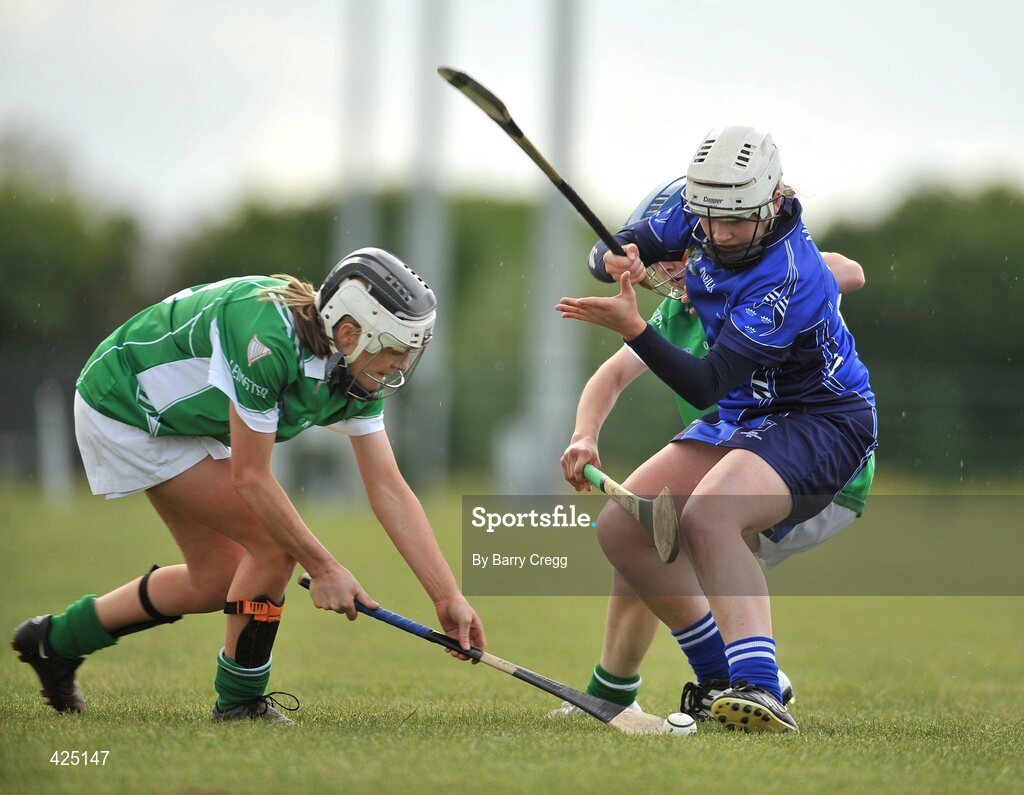 16 May 2010; Mary Ryan, Munster, in action against Kate Kelly and Michelle Quilty, Leinster. 2010 Gael Linn Senior Inter-Provincial Championship Camogie Final, Munster v Leinster, Trim GAA Club, Trim, Co. Meath. Picture credit: Barry Cregg / SPORTSFILE