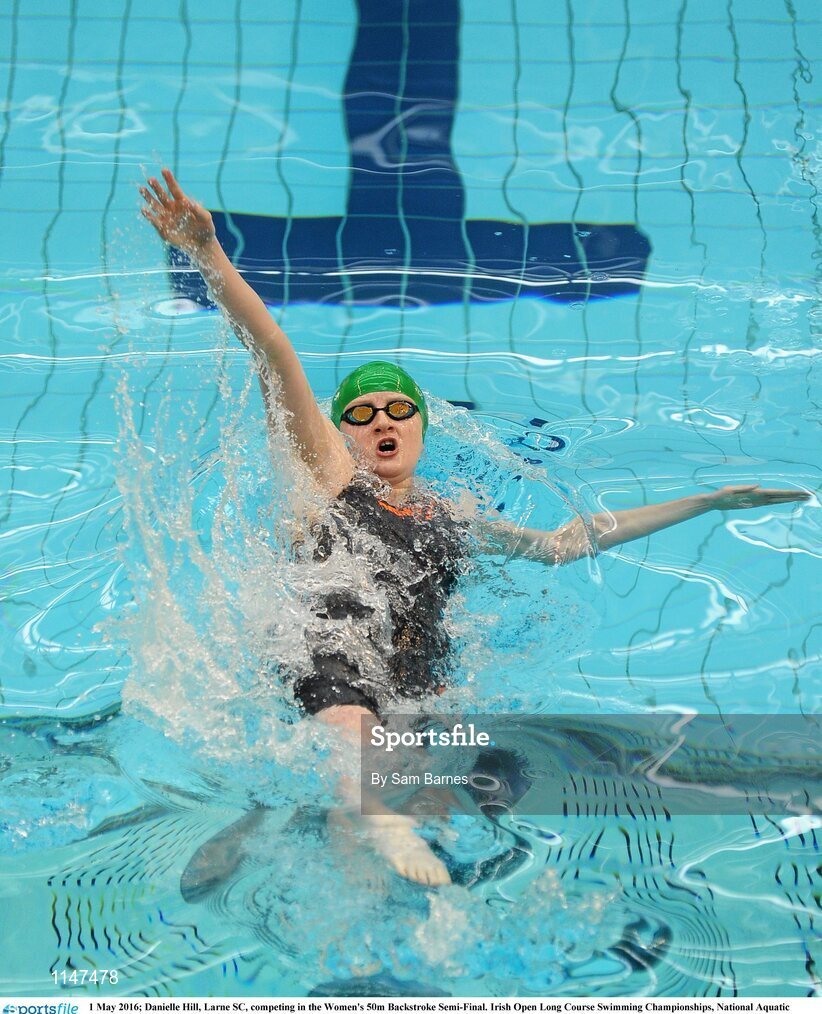 1 May 2016; Danielle Hill, Larne SC, competing in the Women's 50m Backstroke Semi-Final. Irish Open Long Course Swimming Championships, National Aquatic Centre, National Sports Campus, Abbotstown, Dublin. Picture credit: Sam Barnes / SPORTSFILE