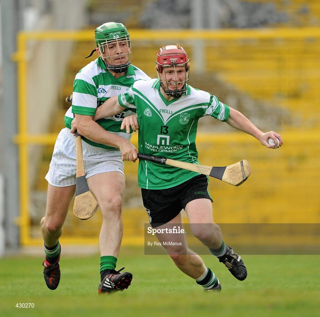 29 May 2010; Aidan Roche, Lucan Sarsfields, in action against George Jacob, Shamrocks. Leinster GAA Club Hurling League Division 2 Final, Shamrocks, Wexford, v Lucan Sarsfields, Dublin, Nowlan Park, Kilkenny. Picture credit: Ray McManus / SPORTSFILE