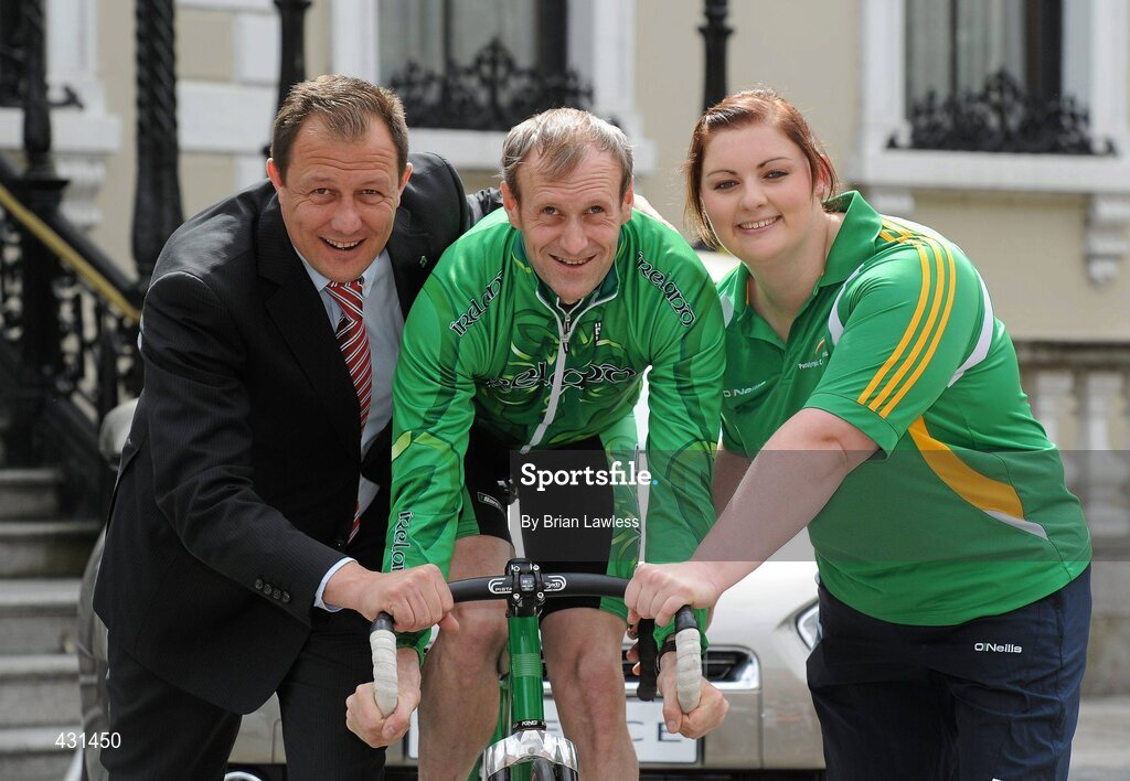 2 June 2010; The Paralympic Council of Ireland today announced Renault Ireland as one of the official sponsors of the 2012 Irish Paralympic team. This historic partnership agreement sees Renualt Ireland becoming the title sponsor of the Team 2012 Training Camps Programme. At the announcement is Eric Basset, MD of Renault Ireland, with Paralympic athletes, Orla Barry, from Cork, athletics, and Michael Delaney, from Dublin, cycling. Mansion House, Dawson Street, Dublin. Picture credit: Brian Lawless / SPORTSFILE