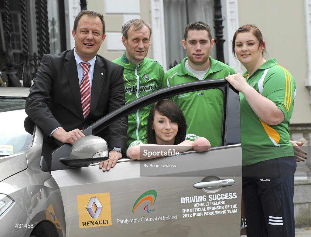 2 June 2010; The Paralympic Council of Ireland today announced Renault Ireland as one of the official sponsors of the 2012 Irish Paralympic team. This historic partnership agreement sees Renualt Ireland becoming the title sponsor of the Team 2012 Training Camps Programme. At the announcement is Eric Basset, MD of Renault Ireland, with Beijing Paralympians, from left, Michael Delaney, from Dublin, cycling, Ellen Keane, from Dublin, swimming, Double Paralympic Gold Medalist 100m & 200m Beijing 2008, Double World Record Holder at 100m & 200m, Jason Smyth, from Derry, and Orla Barry, from Cork, athletics. Mansion House, Dawson Street, Dublin. Picture credit: Brian Lawless / SPORTSFILE
