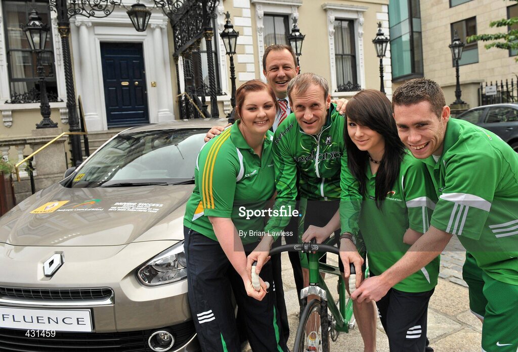 2 June 2010; The Paralympic Council of Ireland today announced Renault Ireland as one of the official sponsors of the 2012 Irish Paralympic team. This historic partnership agreement sees Renualt Ireland becoming the title sponsor of the Team 2012 Training Camps Programme. At the announcement is Eric Basset, MD of Renault Ireland, with Beijing Paralympians, from left, Orla Barry, from Cork, athletics, Michael Delaney, from Dublin, cycling, Ellen Keane, from Dublin, swimming, and Double Paralympic Gold Medalist 100m & 200m Beijing 2008, Double World Record Holder at 100m & 200m, Jason Smyth, from Derry. Mansion House, Dawson Street, Dublin. Picture credit: Brian Lawless / SPORTSFILE