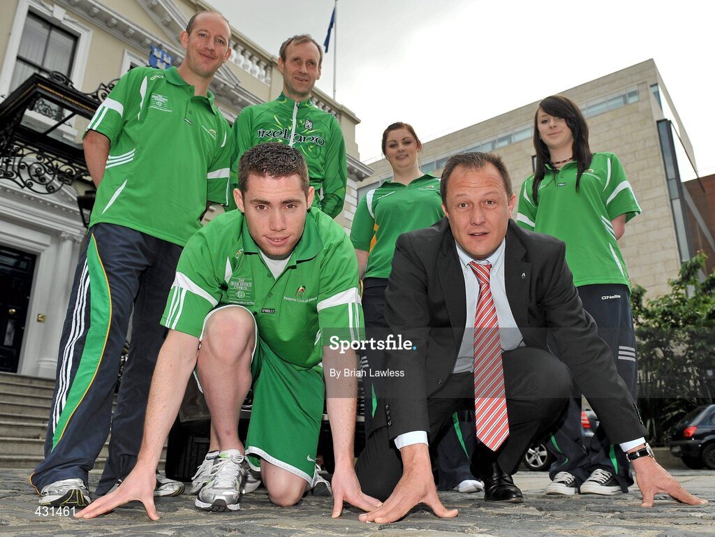 2 June 2010; The Paralympic Council of Ireland today announced Renault Ireland as one of the official sponsors of the 2012 Irish Paralympic team. This historic partnership agreement sees Renualt Ireland becoming the title sponsor of the Team 2012 Training Camps Programme. At the announcement is Eric Basset, MD of Renault Ireland, and Double Paralympic Gold Medalist 100m & 200m Beijing 2008, Double World Record Holder at 100m & 200m, Jason Smyth, from Derry, with Beijing Paralympians, from left, Aidan Brennan, Captain Irish Paralympic 7-a-side football team, from Dublin, Michael Delaney, from Dublin, cycling, Orla Barry, from Cork, athletics, and Ellen Keane, from Dublin, swimming. Mansion House, Dawson Street, Dublin. Picture credit: Brian Lawless / SPORTSFILE