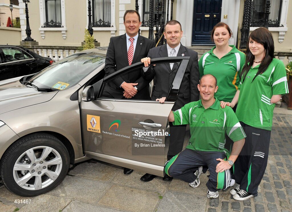 2 June 2010; The Paralympic Council of Ireland today announced Renault Ireland as one of the official sponsors of the 2012 Irish Paralympic team. This historic partnership agreement sees Renualt Ireland becoming the title sponsor of the Team 2012 Training Camps Programme. At the announcement is Eric Basset, MD of Renault Ireland, left, and Liam Harbison, CEO, Paralympic Council of Ireland, with Beijing Paralympians, from left, Aidan Brennan, Captain Irish Paralympic 7-a-side football team, from Dublin, Orla Barry, from Cork, athletics, and Ellen Keane, from Dublin, swimming. Mansion House, Dawson Street, Dublin. Picture credit: Brian Lawless / SPORTSFILE