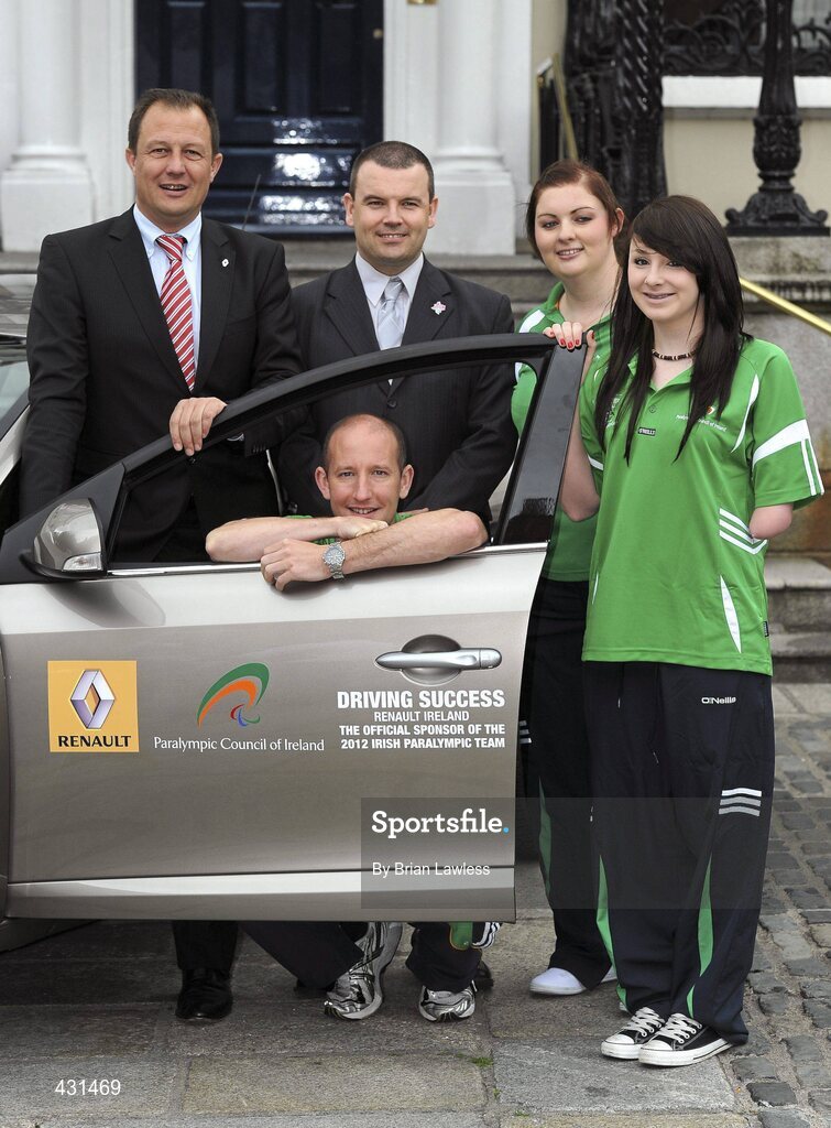 2 June 2010; The Paralympic Council of Ireland today announced Renault Ireland as one of the official sponsors of the 2012 Irish Paralympic team. This historic partnership agreement sees Renualt Ireland becoming the title sponsor of the Team 2012 Training Camps Programme. At the announcement is Eric Basset, MD of Renault Ireland, left, and Liam Harbison, CEO, Paralympic Council of Ireland, with Beijing Paralympians, from left, Aidan Brennan, Captain Irish Paralympic 7-a-side football team, from Dublin, Orla Barry, from Cork, athletics, and Ellen Keane, from Dublin, swimming. Mansion House, Dawson Street, Dublin. Picture credit: Brian Lawless / SPORTSFILE