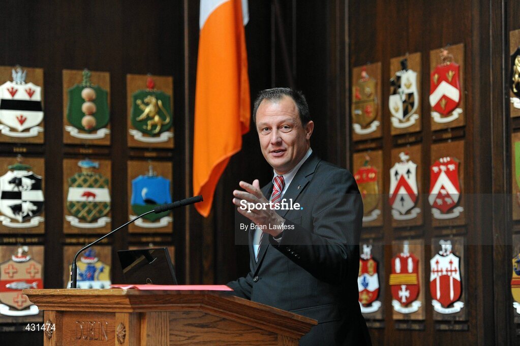 2 June 2010; The Paralympic Council of Ireland today announced Renault Ireland as one of the official sponsors of the 2012 Irish Paralympic team. This historic partnership agreement sees Renualt Ireland becoming the title sponsor of the Team 2012 Training Camps Programme. Speaking at the announcement is Eric Basset, MD of Renault Ireland. Mansion House, Dawson Street, Dublin. Picture credit: Brian Lawless / SPORTSFILE