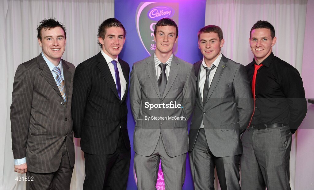 2 June 2010; Donegal footballer Leo McLoone, centre, who was short listed for the 2010 Cadbury Hero of the Future Award, with, from left, John Gallagher, Cathal Ellis, Dermot Molloy and Ciaran Boyle. Leo was one of 14 short listed players who excelled throughout the 2010 Cadbury GAA U21 Football Championship. The 2010 Cadbury Hero of the Future Award was won by Rory O’Carroll, from Dublin. All nominees can be seen on www.cadburygaau21.com. Past winners, Colm O’Neill and Fintan Goold from Cork, Killian Young from Kerry and Keith Higgins from Mayo have gone on to represent their Counties at Senior level. Cadbury Under 21 Hero of the Future Awards, Croke Park, Dublin. Picture credit: Stephen McCarthy / SPORTSFILE