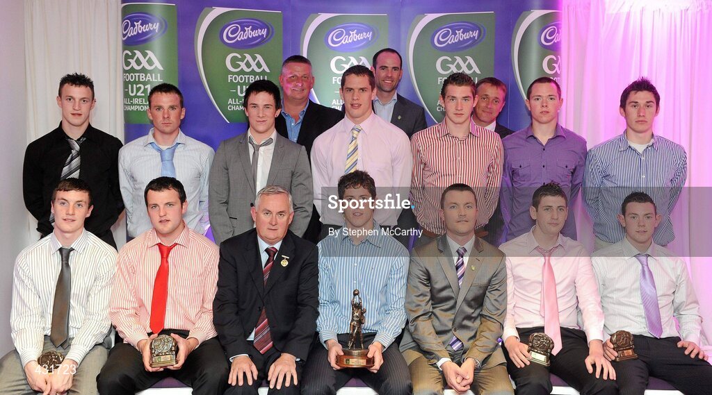 2 June 2010; Cadbury Under 21 Hero of the Future Awards winners, middle row, from left, Michael Higgins, Roscommon, Peter Acheson, Tipperary, Neil Collins, Roscommon, Brendan Murphy, Carlow, David Givney, Cavan, Dean Rock and Nicky Devereux, both Dublin, with, front row, from left, Leo McLoone, Michael Murphy, both Donegal, Uachtarán Chumann Lúthchleas Gael Criostóir Ó Cuana, Rory O'Carroll, Dublin, Shane Guest, Senior Brand Manager, Cadbury Ireland, Paul Geaney, Kerry, and Sean Carey, Tipperary, with members of the judging panel, back row, from left, former Dublin manager Paul Caffrey, senior Kildare footballer Dermot Earley and TG4 journalist Michael O’Domhnaill. The 2010 Cadbury Hero of the Future Award was won by Rory O’Carroll, from Dublin. All nominees can be seen on www.cadburygaau21.com. Past winners, Colm O’Neill and Fintan Goold from Cork, Killian Young from Kerry and Keith Higgins from Mayo have gone on to represent their Counties at Senior level. Cadbury Under 21 Hero of the Future Awards, Croke Park, Dublin. Picture credit: Stephen McCarthy / SPORTSFILE