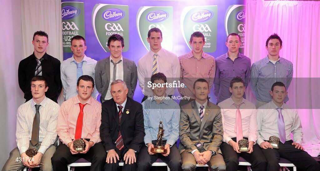 2 June 2010; Cadbury Under 21 Hero of the Future Awards winners, back row, from left, Michael Higgins, Roscommon, Peter Acheson, Tipperary, Neil Collins, Roscommon, Brendan Murphy, Carlow, David Givney, Cavan, Dean Rock and Nicky Devereux, both Dublin, with, front row, from left, Leo McLoone, Michael Murphy, both Donegal, Uachtarán Chumann Lúthchleas Gael Criostóir Ó Cuana, Rory O'Carroll, Dublin, Shane Guest, Senior Brand Manager, Cadbury Ireland, Paul Geaney, Kerry, and Sean Carey, Tipperary. The 2010 Cadbury Hero of the Future Award was won by Rory O’Carroll, from Dublin. All nominees can be seen on www.cadburygaau21.com. Past winners, Colm O’Neill and Fintan Goold from Cork, Killian Young from Kerry and Keith Higgins from Mayo have gone on to represent their Counties at Senior level. Cadbury Under 21 Hero of the Future Awards, Croke Park, Dublin. Picture credit: Stephen McCarthy / SPORTSFILE