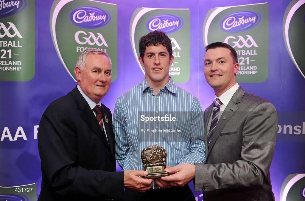 2 June 2010; Uachtarán Chumann Lúthchleas Gael Criostóir Ó Cuana and Shane Guest, Senior Brand Manager, Cadbury Ireland, with Dublin footballer Rory O'Carroll who was shortlisted for the 2010 Cadbury Hero of the Future Award. Rory was one of 14 short listed players who excelled throughout the 2010 Cadbury GAA U21 Football Championship. The 2010 Cadbury Hero of the Future Award was won by Rory O’Carroll, from Dublin. All nominees can be seen on www.cadburygaau21.com. Past winners, Colm O’Neill and Fintan Goold from Cork, Killian Young from Kerry and Keith Higgins from Mayo have gone on to represent their Counties at Senior level. Cadbury Under 21 Hero of the Future Awards, Croke Park, Dublin. Picture credit: Stephen McCarthy / SPORTSFILE