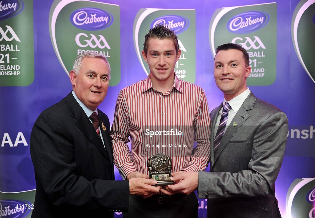 2 June 2010; Uachtarán Chumann Lúthchleas Gael Criostóir Ó Cuana and Shane Guest, Senior Brand Manager, Cadbury Ireland, with Cavan footballer David Givney who was short listed for the 2010 Cadbury Hero of the Future Award, David was one of 14 short listed players who excelled throughout the 2010 Cadbury GAA U21 Football Championship. The 2010 Cadbury Hero of the Future Award was won by Rory O’Carroll, from Dublin. All nominees can be seen on www.cadburygaau21.com. Past winners, Colm O’Neill and Fintan Goold from Cork, Killian Young from Kerry and Keith Higgins from Mayo have gone on to represent their Counties at Senior level. Cadbury Under 21 Hero of the Future Awards, Croke Park, Dublin. Picture credit: Stephen McCarthy / SPORTSFILE