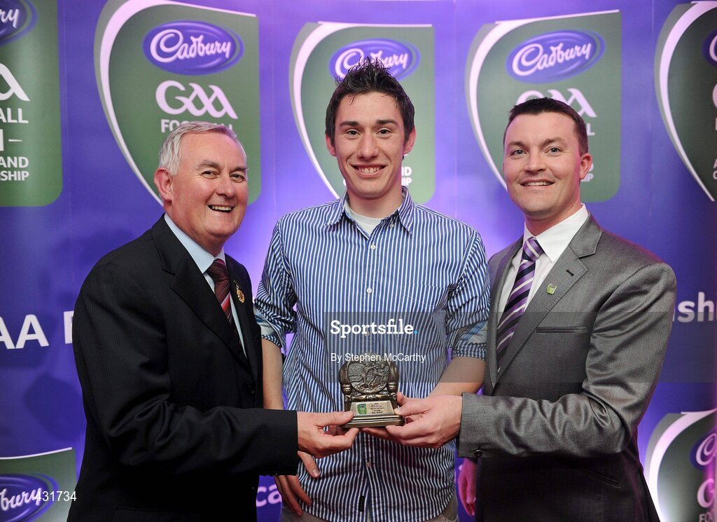2 June 2010; Uachtarán Chumann Lúthchleas Gael Criostóir Ó Cuana and Shane Guest, Senior Brand Manager, Cadbury Ireland, with Dublin footballer Nicky Devereux who was short listed for the 2010 Cadbury Hero of the Future Award, Nicky was one of 14 short listed players who excelled throughout the 2010 Cadbury GAA U21 Football Championship. The 2010 Cadbury Hero of the Future Award was won by Rory O’Carroll, from Dublin. All nominees can be seen on www.cadburygaau21.com. Past winners, Colm O’Neill and Fintan Goold from Cork, Killian Young from Kerry and Keith Higgins from Mayo have gone on to represent their Counties at Senior level. Cadbury Under 21 Hero of the Future Awards, Croke Park, Dublin. Picture credit: Stephen McCarthy / SPORTSFILE