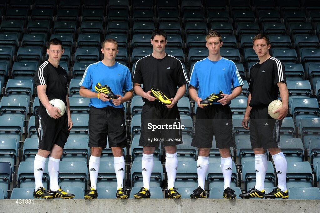 3 June 2010; adidas, the world’s leading sports brand, were today announced as official footwear supplier to the Senior Dublin Football Team. Under the agreement players will wear boots from the adidas stable; either the Predator X, the adiPURE, or the F50 adiZero. At the announcement are Dublin footballers, from left, Philly McMahon, Tomas Quinn, Ross McConnell, Kevin Nolan, and Paul Flynn. Parnell Park, Dublin. Picture credit: Brian Lawless / SPORTSFILE