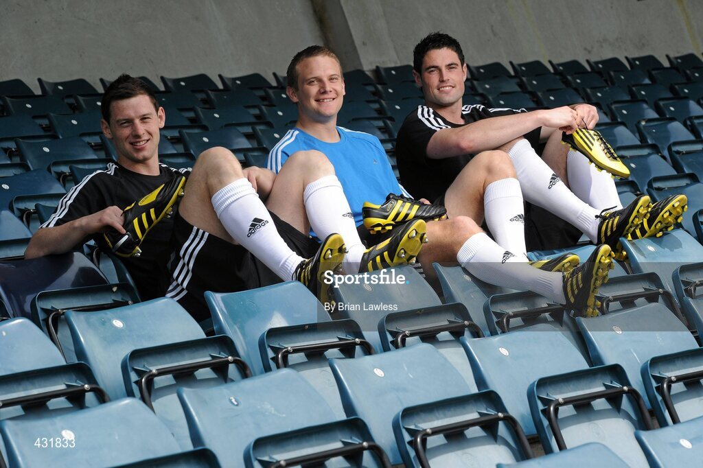 3 June 2010; adidas, the world’s leading sports brand, were today announced as official footwear supplier to the Senior Dublin Football Team. Under the agreement players will wear boots from the adidas stable; either the Predator X, the adiPURE, or the F50 adiZero. At the announcement are Dublin footballers, from left, Philly McMahon, Tomas Quinn, and Ross McConnell. Parnell Park, Dublin. Picture credit: Brian Lawless / SPORTSFILE