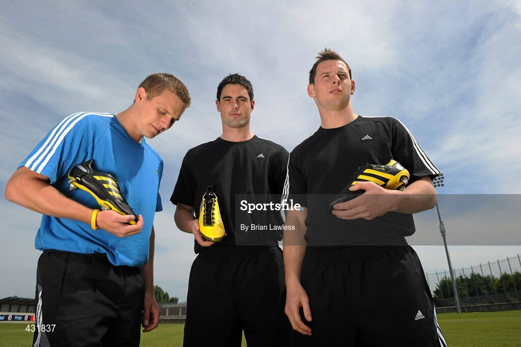 3 June 2010; adidas, the world’s leading sports brand, were today announced as official footwear supplier to the Senior Dublin Football Team. Under the agreement players will wear boots from the adidas stable; either the Predator X, the adiPURE, or the F50 adiZero. At the announcement are Dublin footballers, from left, Tomas Quinn, Ross McConnell, and Philly McMahon. Parnell Park, Dublin. Picture credit: Brian Lawless / SPORTSFILE