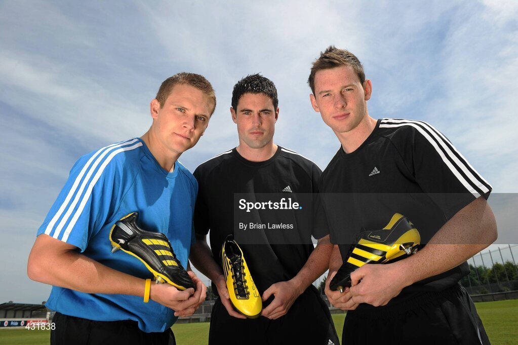 3 June 2010; adidas, the world’s leading sports brand, were today announced as official footwear supplier to the Senior Dublin Football Team. Under the agreement players will wear boots from the adidas stable; either the Predator X, the adiPURE, or the F50 adiZero. At the announcement are Dublin footballers, from left, Tomas Quinn, Ross McConnell, and Philly McMahon. Parnell Park, Dublin. Picture credit: Brian Lawless / SPORTSFILE