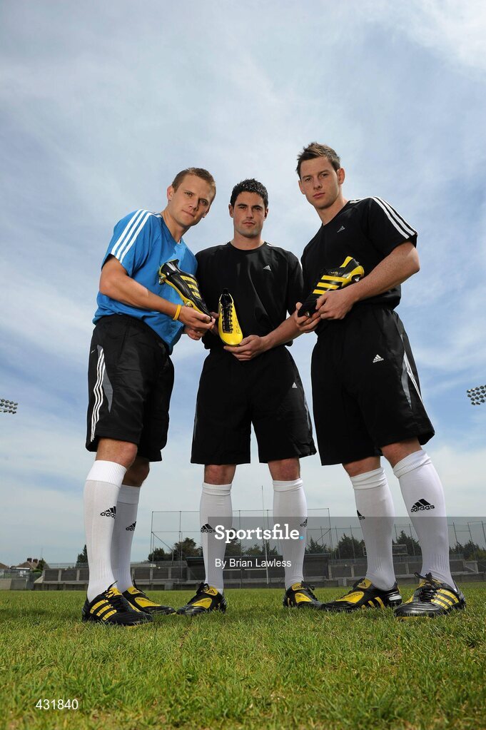 3 June 2010; adidas, the world’s leading sports brand, were today announced as official footwear supplier to the Senior Dublin Football Team. Under the agreement players will wear boots from the adidas stable; either the Predator X, the adiPURE, or the F50 adiZero. At the announcement are Dublin footballers, from left, Tomas Quinn, Ross McConnell, and Philly McMahon. Parnell Park, Dublin. Picture credit: Brian Lawless / SPORTSFILE