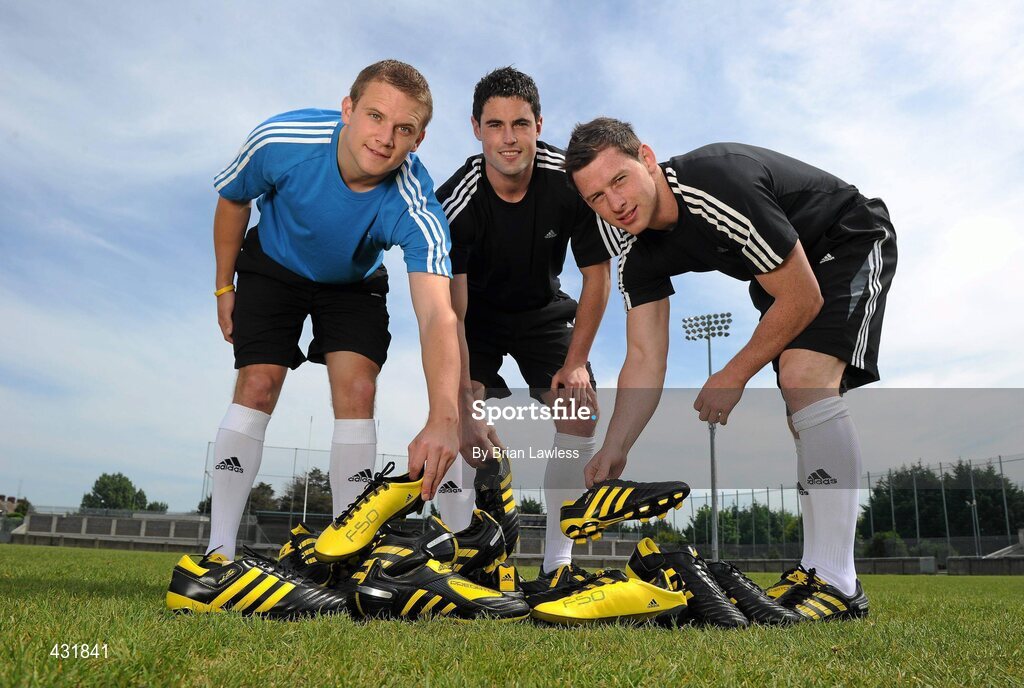 3 June 2010; adidas, the world’s leading sports brand, were today announced as official footwear supplier to the Senior Dublin Football Team. Under the agreement players will wear boots from the adidas stable; either the Predator X, the adiPURE, or the F50 adiZero. At the announcement are Dublin footballers, from left, Tomas Quinn, Ross McConnell, and Philly McMahon. Parnell Park, Dublin. Picture credit: Brian Lawless / SPORTSFILE