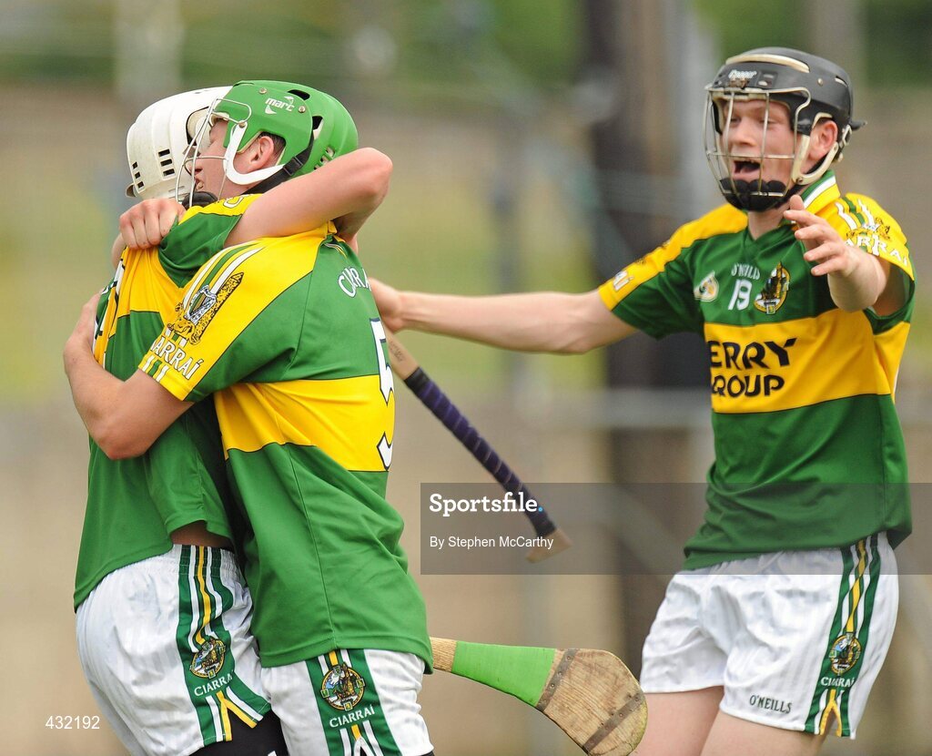 5 June 2010; Kerry players, from left, Shane Nolan, James Godley and Colm Harty celebrate at the final whistle. Christy Ring Cup Semi-Final, Kerry v Wicklow, McDonagh Park, Nenagh, Co. Tipperary. Picture credit: Stephen McCarthy / SPORTSFILE