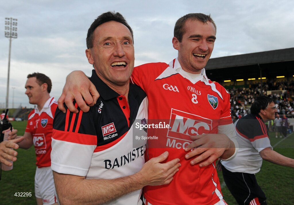 5 June 2010; Louth manager Peter Fitzpatrick celebrates with Paddy Keenan at the end of the game. Leinster GAA Football Senior Championship Quarter-Final, Louth v Kildare, Pairc Tailteann, Navan, Co. Meath. Photo by Sportsfile