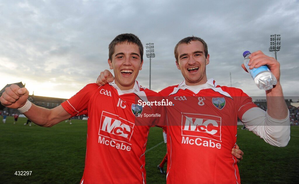 5 June 2010; Louth players Andy McDonnell and Paddy Keenan celebrate at the end of the game. Leinster GAA Football Senior Championship Quarter-Final, Louth v Kildare, Pairc Tailteann, Navan, Co. Meath. Photo by Sportsfile