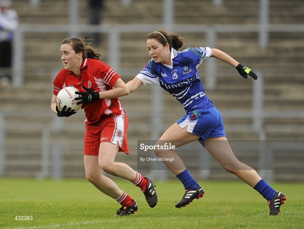 6 June 2010; Maria Donnelly, Tyrone, in action against Catriona McConnell, Monaghan. TG4 Ulster Ladies Football Senior Championship First Round, Tyrone v Monaghan, Casement Park, Belfast, Co. Antrim. Picture credit: Oliver McVeigh / SPORTSFILE