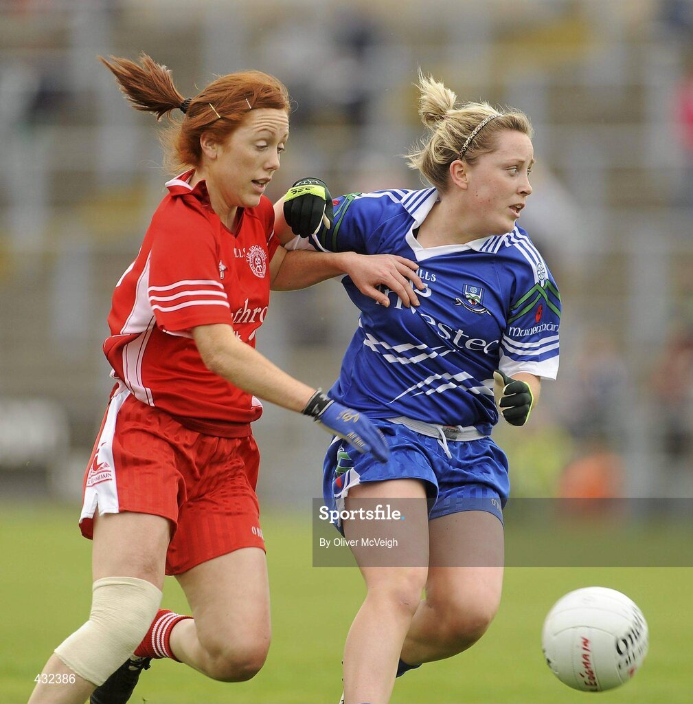 6 June 2010; Sinead McLoughlin, Tyrone, in action against Ciara McAnespie, Monaghan. TG4 Ulster Ladies Football Senior Championship First Round, Tyrone v Monaghan, Casement Park, Belfast, Co. Antrim. Picture credit: Oliver McVeigh / SPORTSFILE