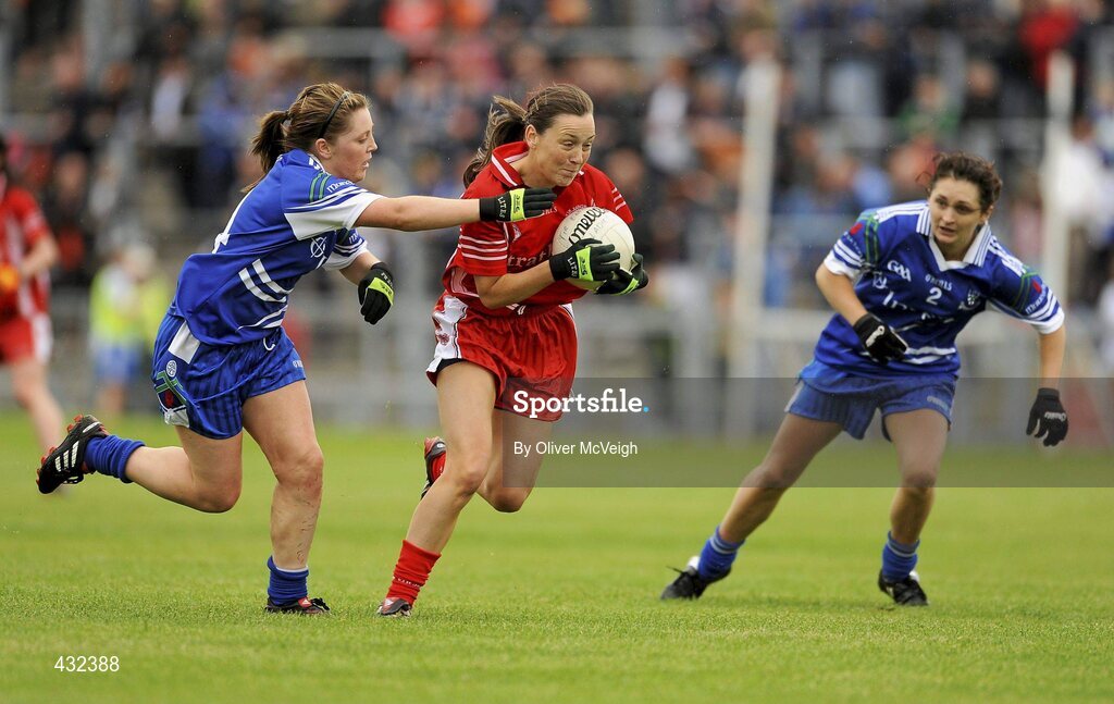 6 June 2010; Orla O'Neill, Tyrone, in action against Aoife McAnespie, Monaghan. TG4 Ulster Ladies Football Senior Championship First Round, Tyrone v Monaghan, Casement Park, Belfast, Co. Antrim. Picture credit: Oliver McVeigh / SPORTSFILE