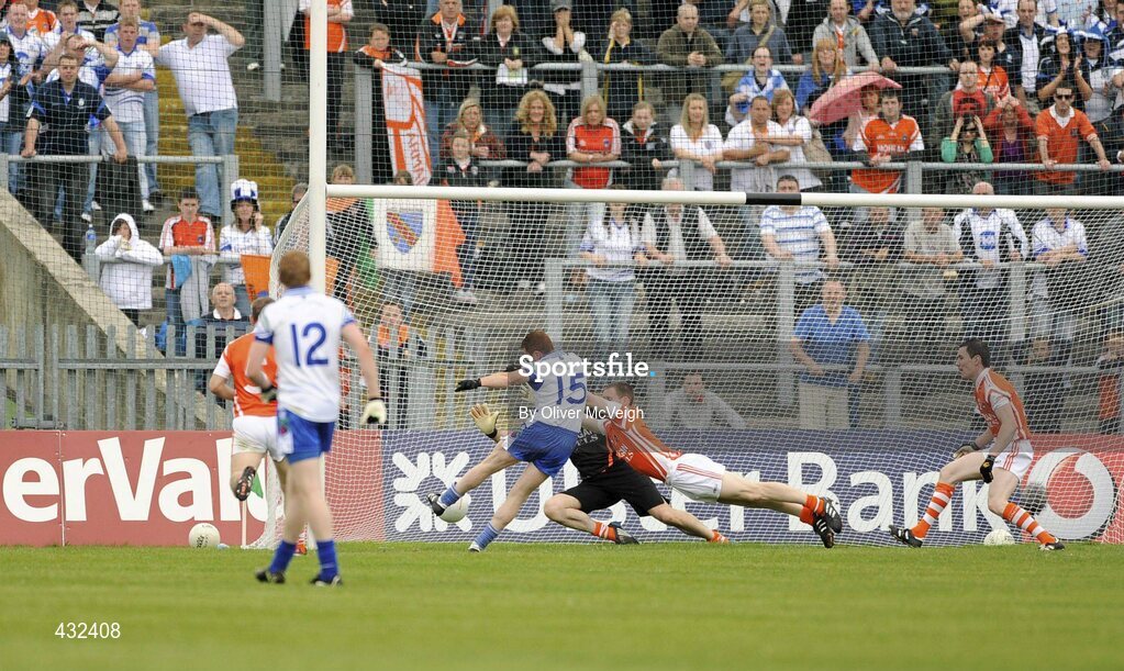 6 June 2010; Tomas Freeman, Monaghan, scores the first goal past Paul Hearty, Armagh. Ulster GAA Football Senior Championship Quarter-Final, Monaghan v Armagh, Casement Park, Belfast, Co. Antrim. Picture credit: Oliver McVeigh / SPORTSFILE