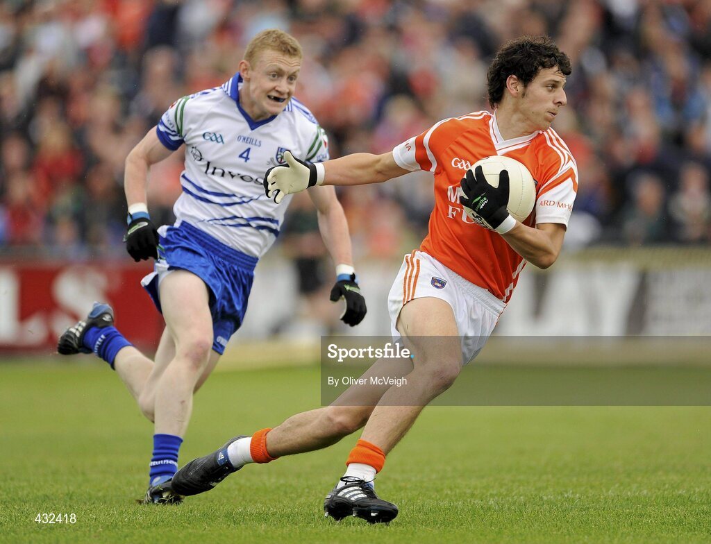 6 June 2010; Jamie Clarke, Armagh, in action against Colin Walshe, Monaghan. Ulster GAA Football Senior Championship Quarter-Final, Monaghan v Armagh, Casement Park, Belfast, Co. Antrim. Picture credit: Oliver McVeigh / SPORTSFILE