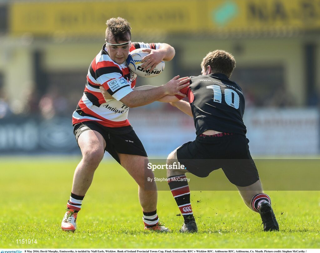 8 May 2016; David Murphy, Enniscorthy, is tackled by Niall Earls, Wicklow. Bank of Ireland Provincial Towns Cup, Final, Enniscorthy RFC v Wicklow RFC. Ashbourne RFC, Ashbourne, Co. Meath. Picture credit: Stephen McCarthy / SPORTSFILE