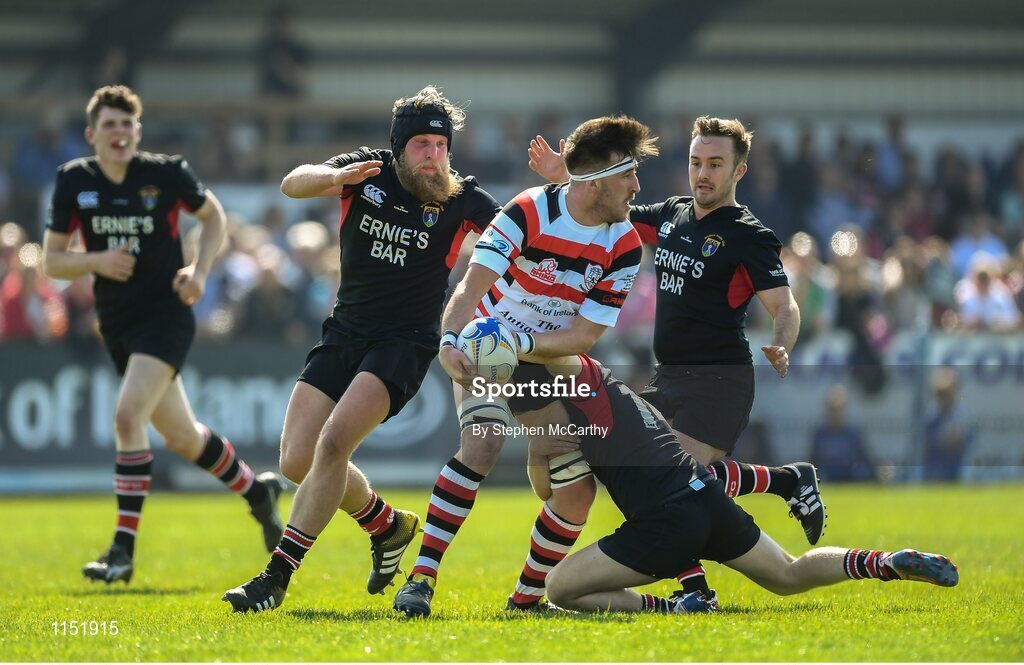 8 May 2016; Joe Bulmer, Enniscorthy, is tackled by Wicklow players, from left, Eanna Killeen, Joe Langtry and Dennis Higgins. Bank of Ireland Provincial Towns Cup, Final, Enniscorthy RFC v Wicklow RFC. Ashbourne RFC, Ashbourne, Co. Meath. Picture credit: Stephen McCarthy / SPORTSFILE