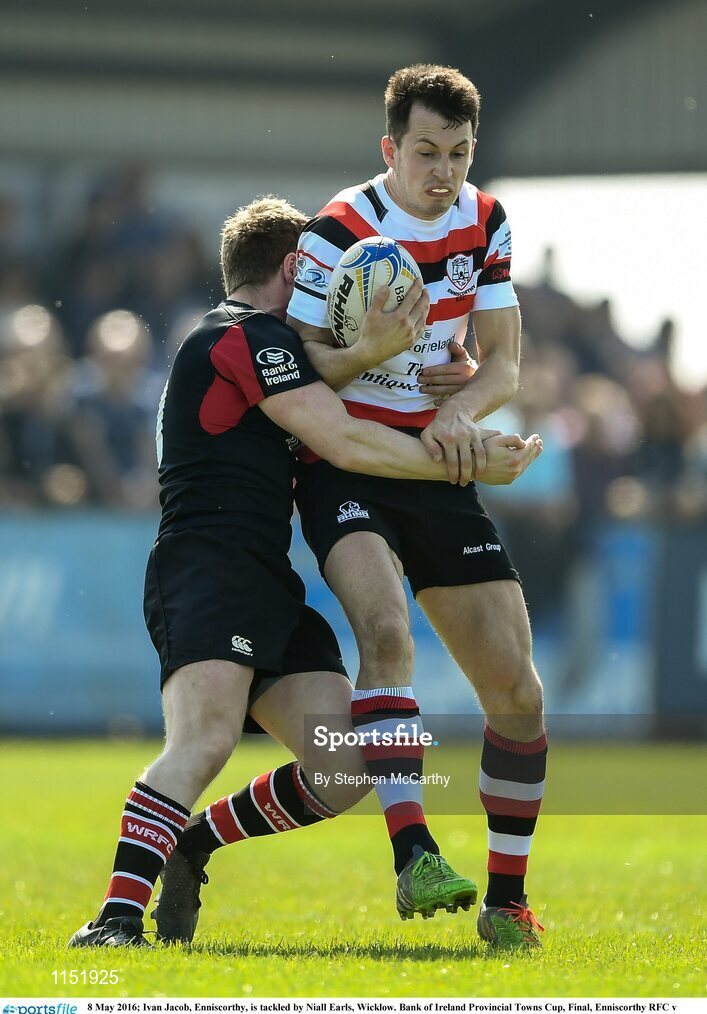 8 May 2016; Ivan Jacob, Enniscorthy, is tackled by Niall Earls, Wicklow. Bank of Ireland Provincial Towns Cup, Final, Enniscorthy RFC v Wicklow RFC. Ashbourne RFC, Ashbourne, Co. Meath. Picture credit: Stephen McCarthy / SPORTSFILE