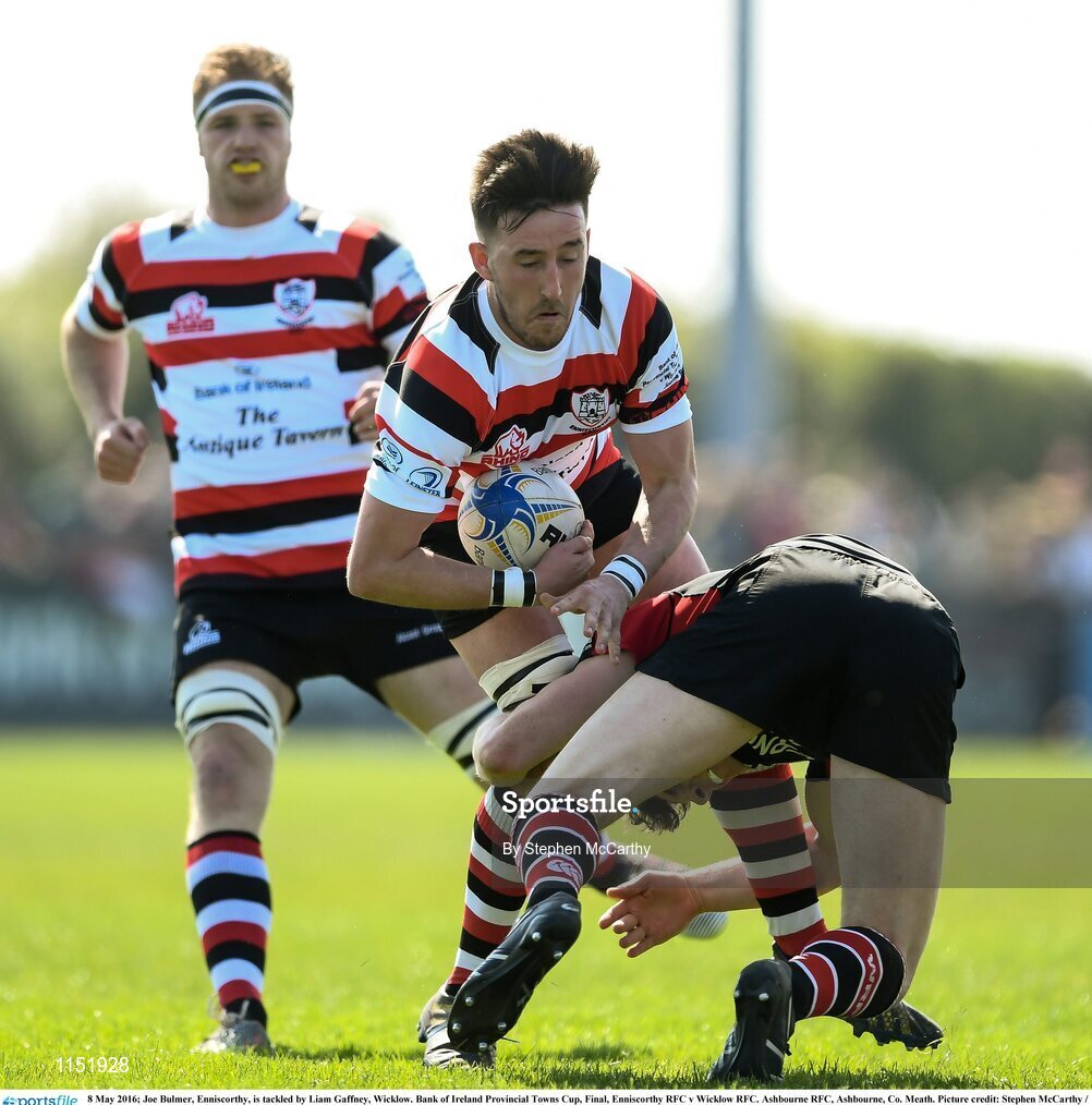 8 May 2016; Joe Bulmer, Enniscorthy, is tackled by Liam Gaffney, Wicklow. Bank of Ireland Provincial Towns Cup, Final, Enniscorthy RFC v Wicklow RFC. Ashbourne RFC, Ashbourne, Co. Meath. Picture credit: Stephen McCarthy / SPORTSFILE